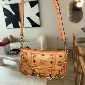 MCM Cognac Leather Shoulder Bag with Gold Chain